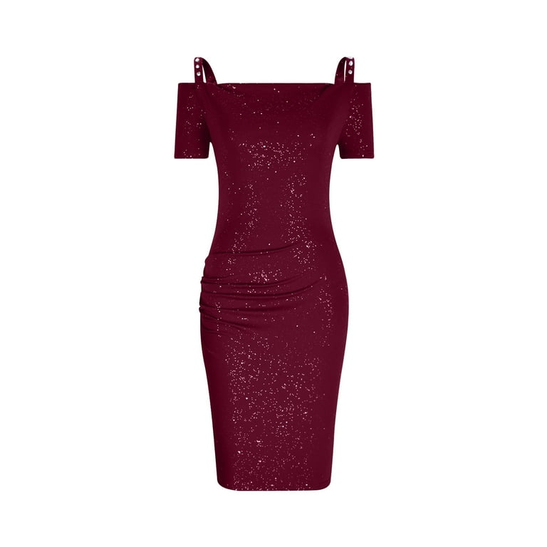 RYRJJ Wedding Guest Dresses for Womens Off Shoulder Sparkle Glitter V Neck  Bodycon Ruched Cocktail Party Club Midi Dress(Wine,XXL) - Walmart.com