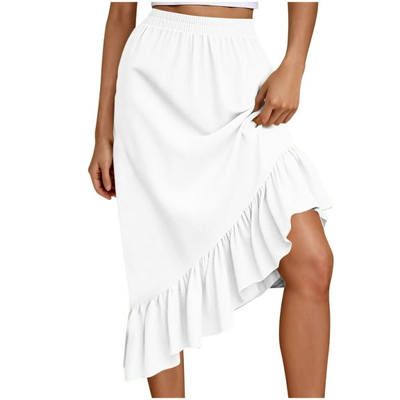 Womens White Skirts High Waisted Ruffle Hem Asymmetrical Flowy Elastic Midi Skirt White S
