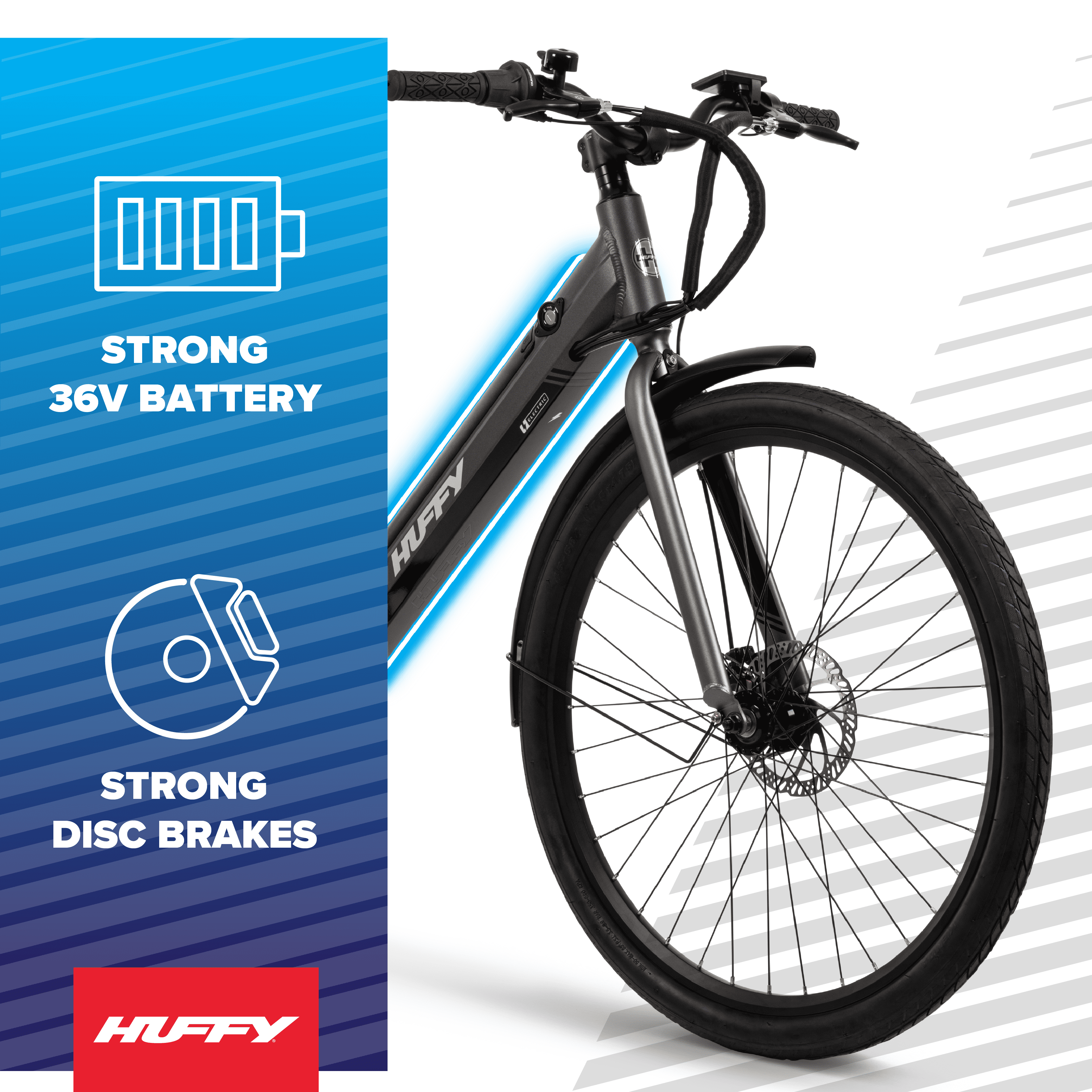 Huffy 27.5” Vienna 36V Electric Bike, Fits Riders 60”+, Gray, Adult, Unisex