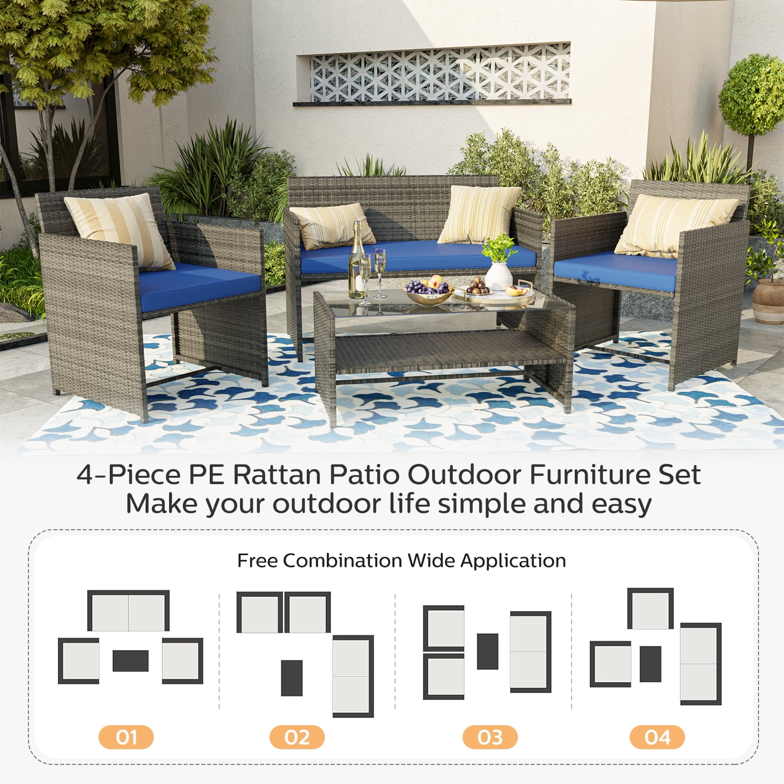 ELPOSUN 4-Piece Rattan Wicker Patio Furniture Set with Cushions and Tempered Glass Tabletop, Patio Conversation sets Navy Blue