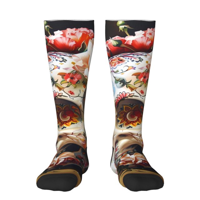 Fotbe Rose Floral Skull Calcetas Divertidas Estampadas para Hombre y Mujer, Calcetas de Algodón hasta la Rodilla para Caminar, Correr, Enfermería y Embarazo