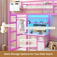 thumbnail image 6 of LED Bunk Bed Twin Over Twin Size Metal Loft Bed with Desk & Led Lights & Charging Station for Adults, L-Shaped Bunk Bed Frame with Storage Shelves & Hook & Safety Guardrail & Ladder, Pink, 6 of 9