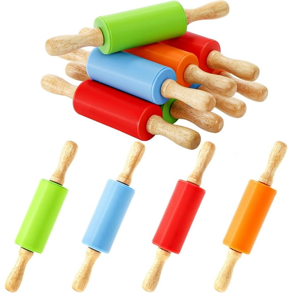 8 Pack Mini Rolling Pin, 9 Inch Small Dough Roller with Wood Handle, Silicone Dough Rolling Pin for Kids Craft Kitchen Dough Cookie Pastry Fondant Cake, 4 Colors