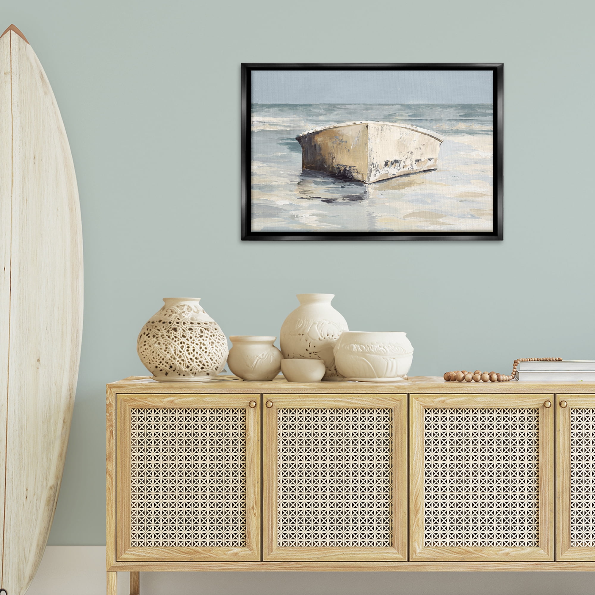 Stupell Industries Abandoned Boat Hull Transportation Painting Black Floater Framed Canvas Art Print Wall Art, 31 x 21