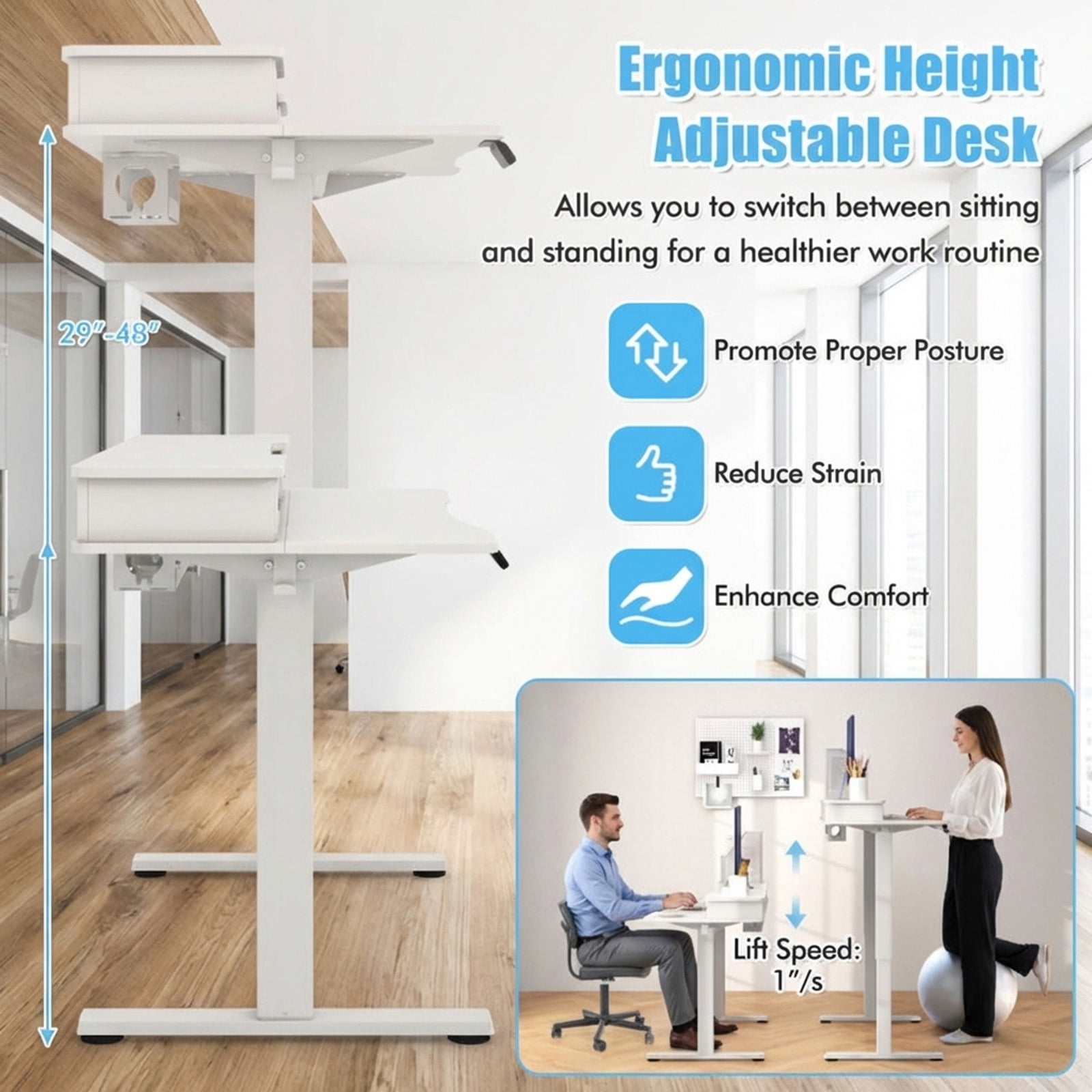 Furnibear 63 x 24 Inch Large Electric Standing Desk with 2 Drawers Monitor Stand Memory Presets Anti-Collision White