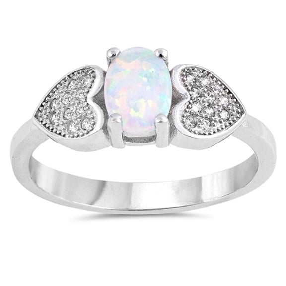 Oval-Shape White Simulated Opal Side With two Cubic Zirconia Pave Hearts Ring Sterling Silver Size 10