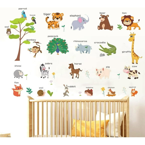 LOMILY 23 Types Animals Learning Wall Stickers Kids,Educational Nursery Wall Decals,Daycare Playroom Preschool Wall Stickers Peel and Stick Removable,Kidroom Wall Decors for Boy,Girl,Toddler,Baby.