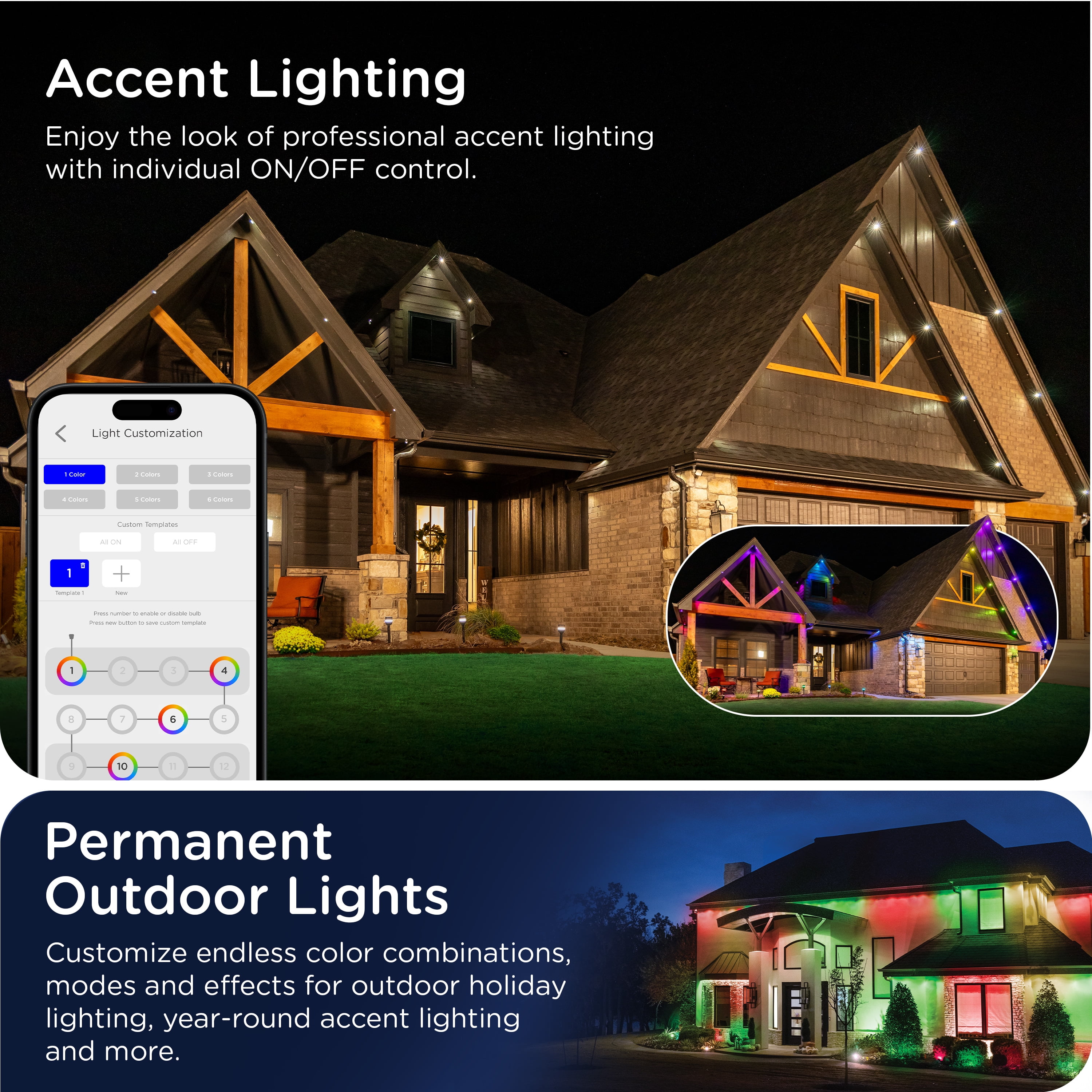 Enbrighten 100ft Wi-Fi Eternity Lights, Permanent Outdoor Lights, 72 LEDs, Smart LED Eaves Lights for Christmas, Halloween, Party, Game Day and More