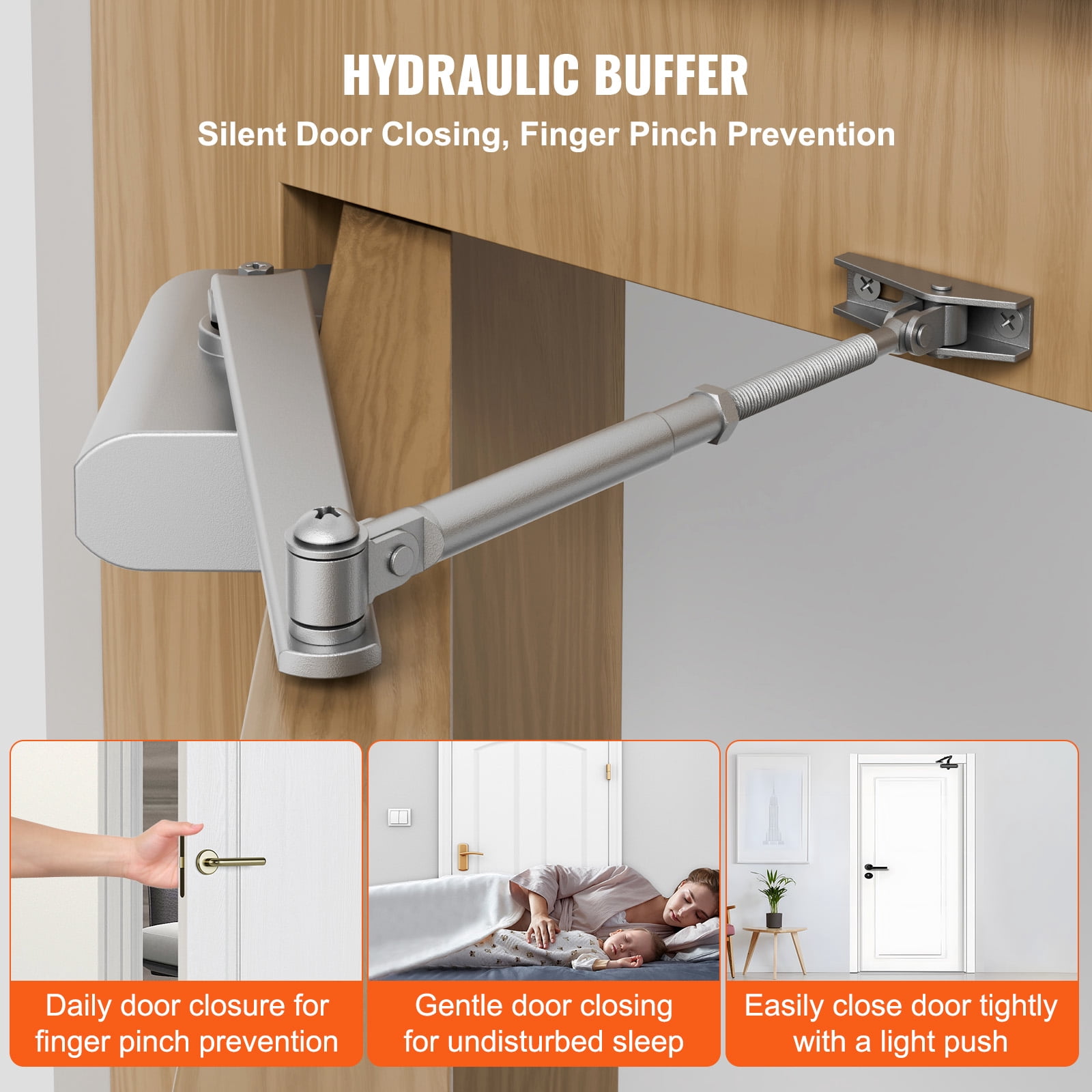 SKYSHALO 187lbs Commercial Door Closer Heavy Duty Residential Hydraulic Auto Silver