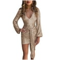 thumbnail image 2 of Blczomt Gold Women Dresses Long Sleeve Sequin Birthday Party Bodycon Sexy Mini V Neck Dress, 2 of 8