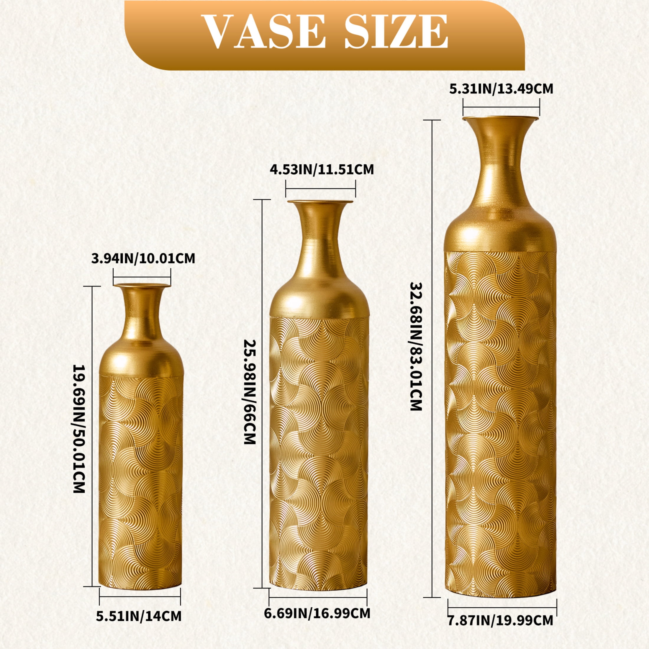Noble House 3-Piece Metal Floor Vase Set, 32.68", 25.98", 19.69" Decorative Vases with Wave Pattern, Gold