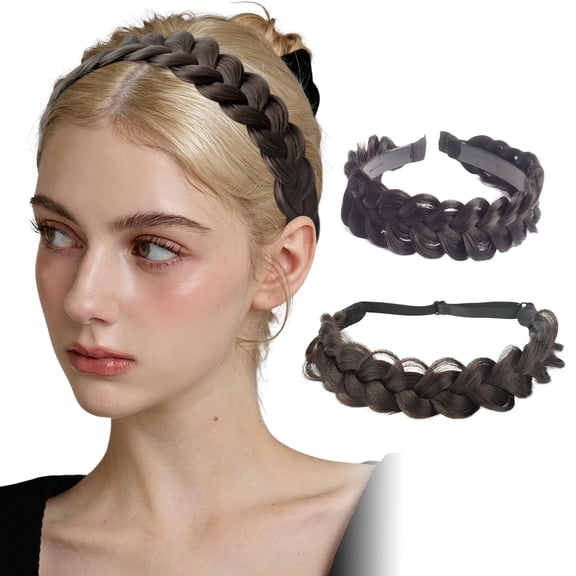 GIRACOA 2Pcs Dark Brown Messy Braided Headband & Bun Hair Piece Set, Synthetic Hair Braided Headband with Teeth & Elastic Stretch Hair Band, Boho Chunky Braid Hair Accessories for Women