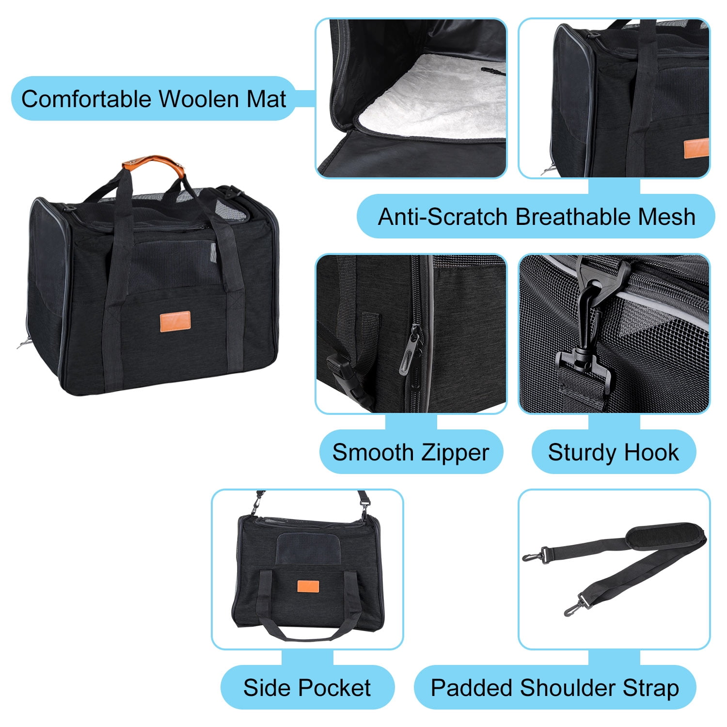 Cat Carrier Bag, AndHot Cat Carrying Case Pet Dog Carrier Soft-Sided Cat Bag Airline Approved for Medium Small Cats and Puppy up to 18lbs, Pet Carrier with Safety Zippers,Black