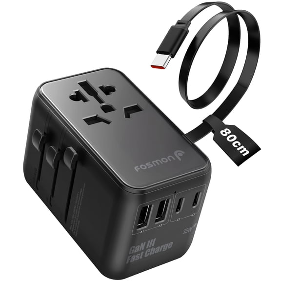 Fosmon 35W Universal Travel Adapter, European International Power Plug Worldwide Charger with PD Fast Charging, Short-Circuit Protection, 2 USB-C & 2 USB-A Ports, Built-in USB-C Cable