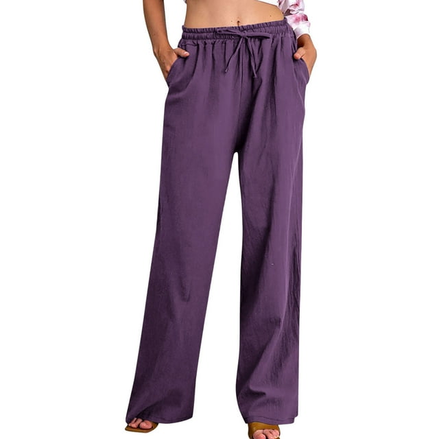 FNFYFH Clearance Womens Wide Leg Pants with Pockets Drawstring Cotton Linen Pant Solid Palazzo Trousers,Yellow