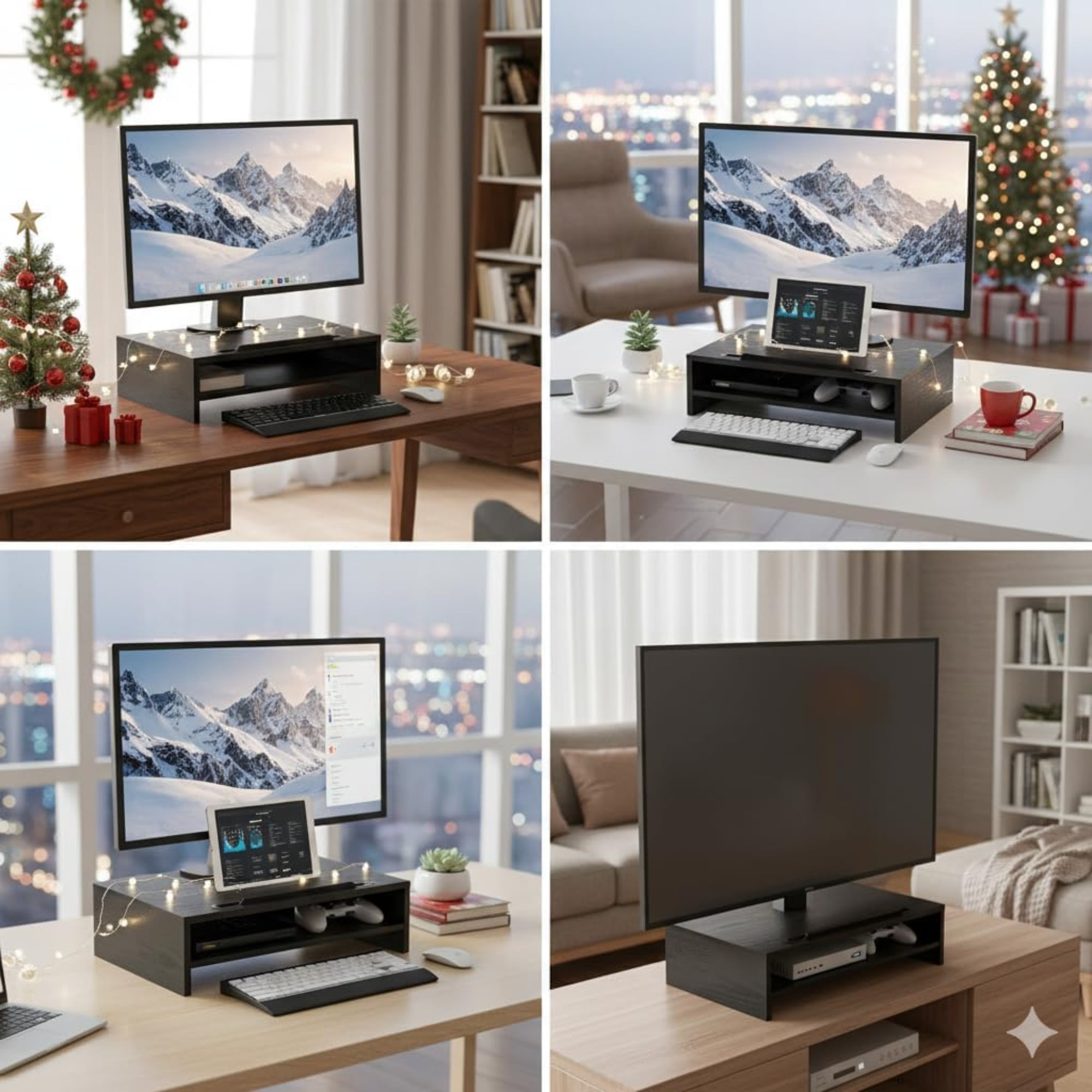 JEZWX Computer Monitor Stand Riser - 2-Tier Desk Shelf with Storage Organizer with Cellphone Holder, Black, 15.7 inch