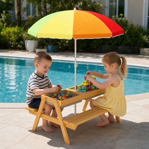 Aiho Outdoor Kids Picnic Table with Adjustable Umbrella, 4 in 1 Outdoor ConvertibleWater Table, Sand Table, Picnic Table, Study Table with Play Boxes for Backyard Patio Play
