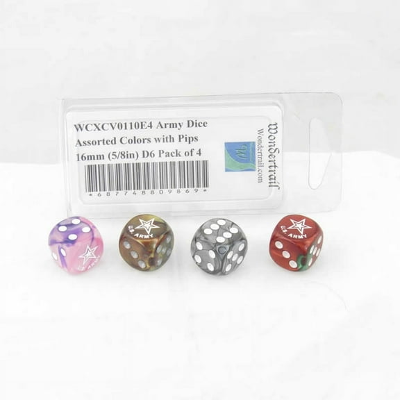 Army Dice Assorted Colors with Pips 16mm (5/8in) D6 Pack of 4 Wondertrail