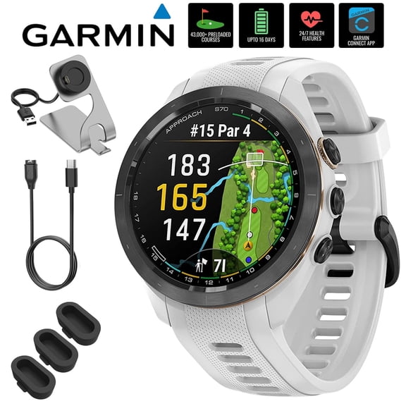 Garmin 010-02746-00 Approach S70 42 mm Premium GPS Golf Watch, White Band Bundle with Deco Essentials Charging Dock, 3x Silicone Dust Cover and USB Type C Charging and Sync Cable