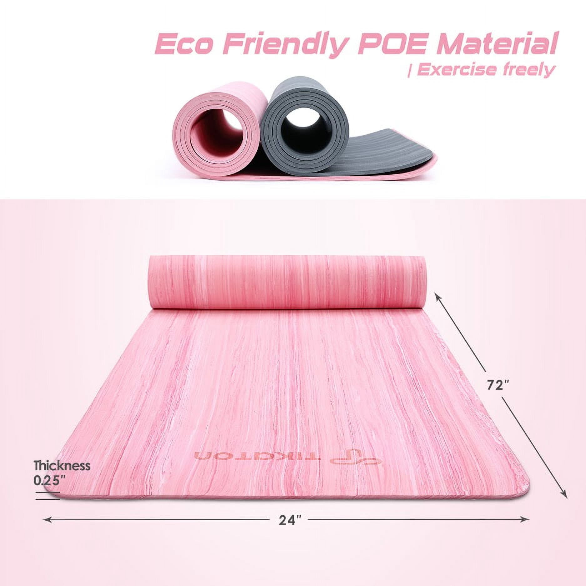Tikaton Yoga Mat, Eco Friendly POE Yoga Mat Non-Slip Exercise & Fitness Mat with Carrying Strap, Workout Mat 1/4 inch 72" L x 24" W(Pink)