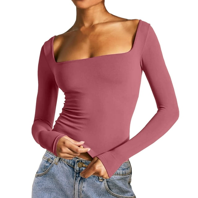 T-shirts Unis pour Femmes Manches Longues Hauts de Sortie pour Femmes Automne Aguichant Court Col Carré Doublé Basique Ajusté Blouses Décontracté d'Affaires Rouge m