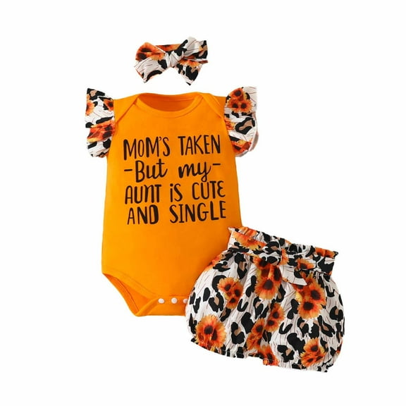 Edvintorg 0-18Months Cotton Infant Girl Clothes Toddler Baby Girls Sleeveless Ruffle Edge Letter Romper Leopard Sunflower Print Shorts Set Daily Outfits