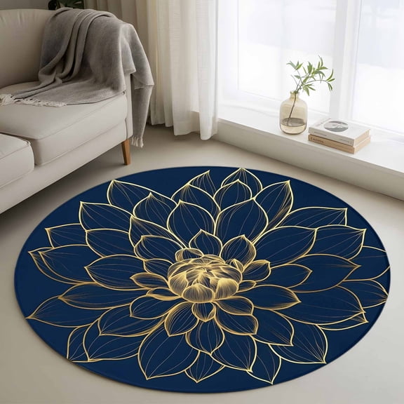 Chic Blossoms Round Living Room Rugs 4 ft, Vintage Navy Blue Yellow Gold Floral Botanical Washable Area Rug with Non-Slip Sturdy Edge Binding Round Carpet for Entryway Kitchen Bedroom Bathroom