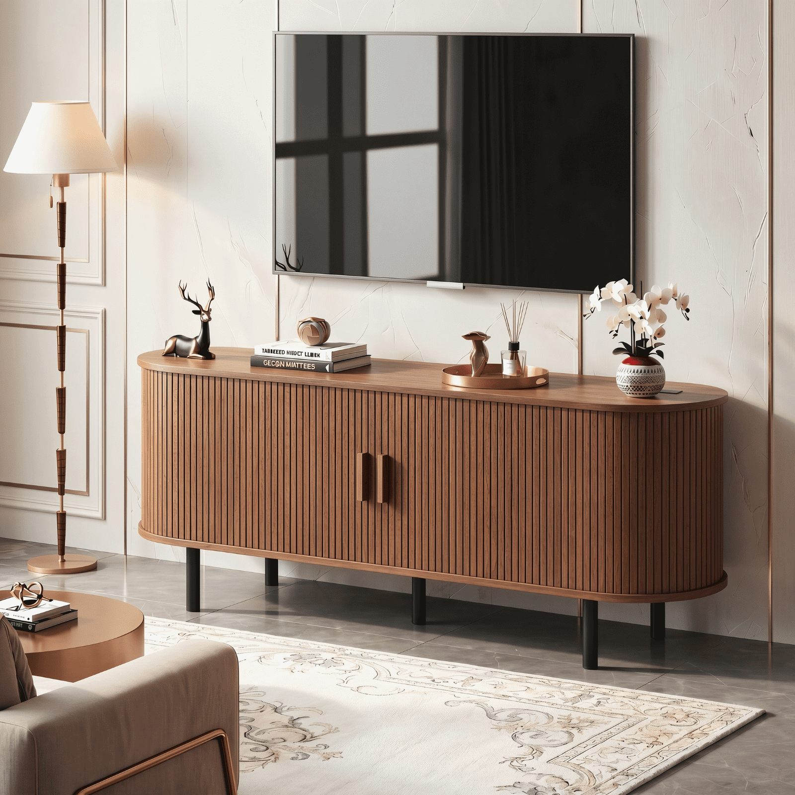 55 Inch TV Stand with Built-in Power Outlet, Compatible with TVs Up to 60 Inches, Modern Entertainment Center with Adjustable Shelves, Storage Space, and Sliding Doors, Walnut