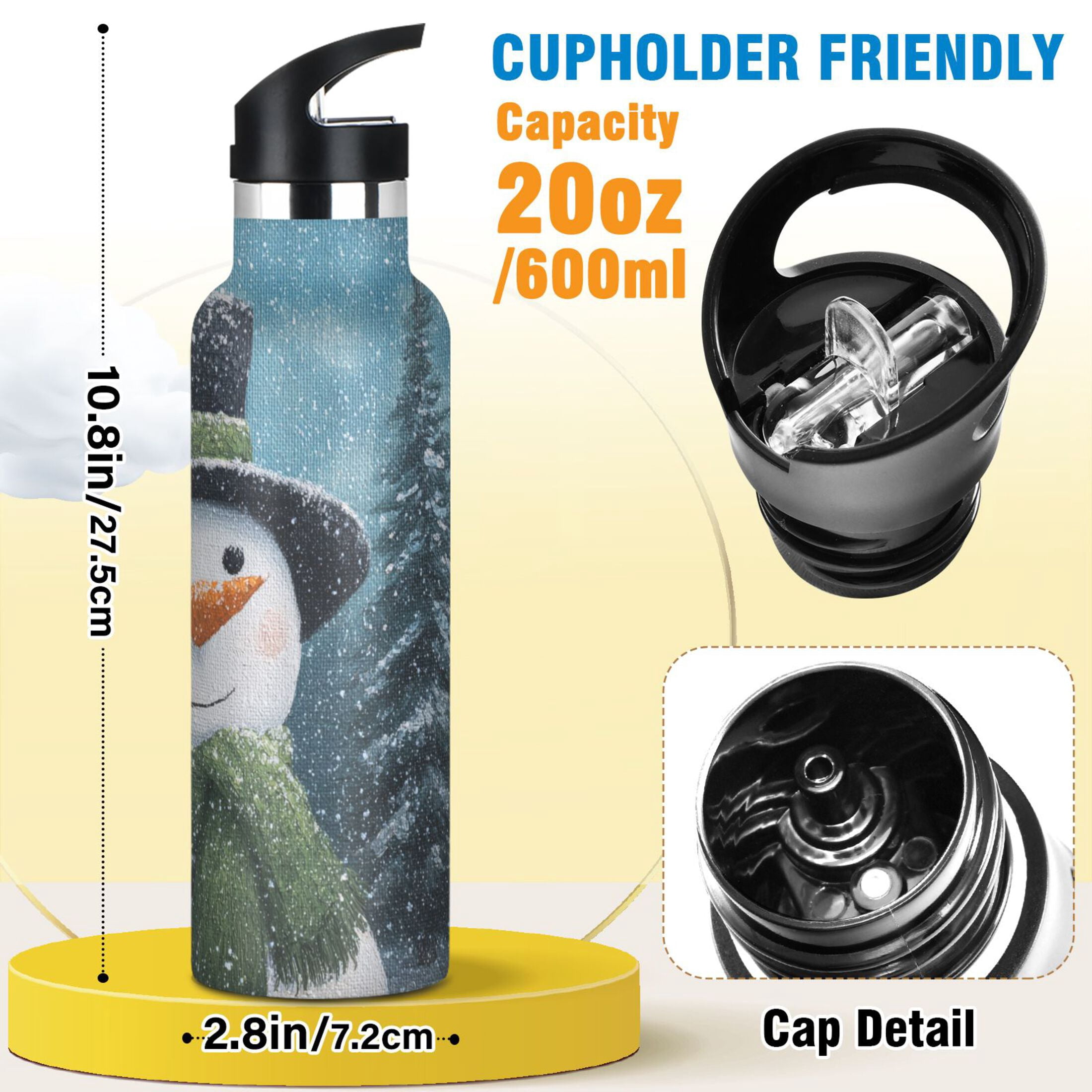 600ML Stainless Steel Insulated Cup Sports Water Bottle Portable Thermos Cup Water Glasses Insulated Tumblers Convenient and Durable Green Christmas Snowman