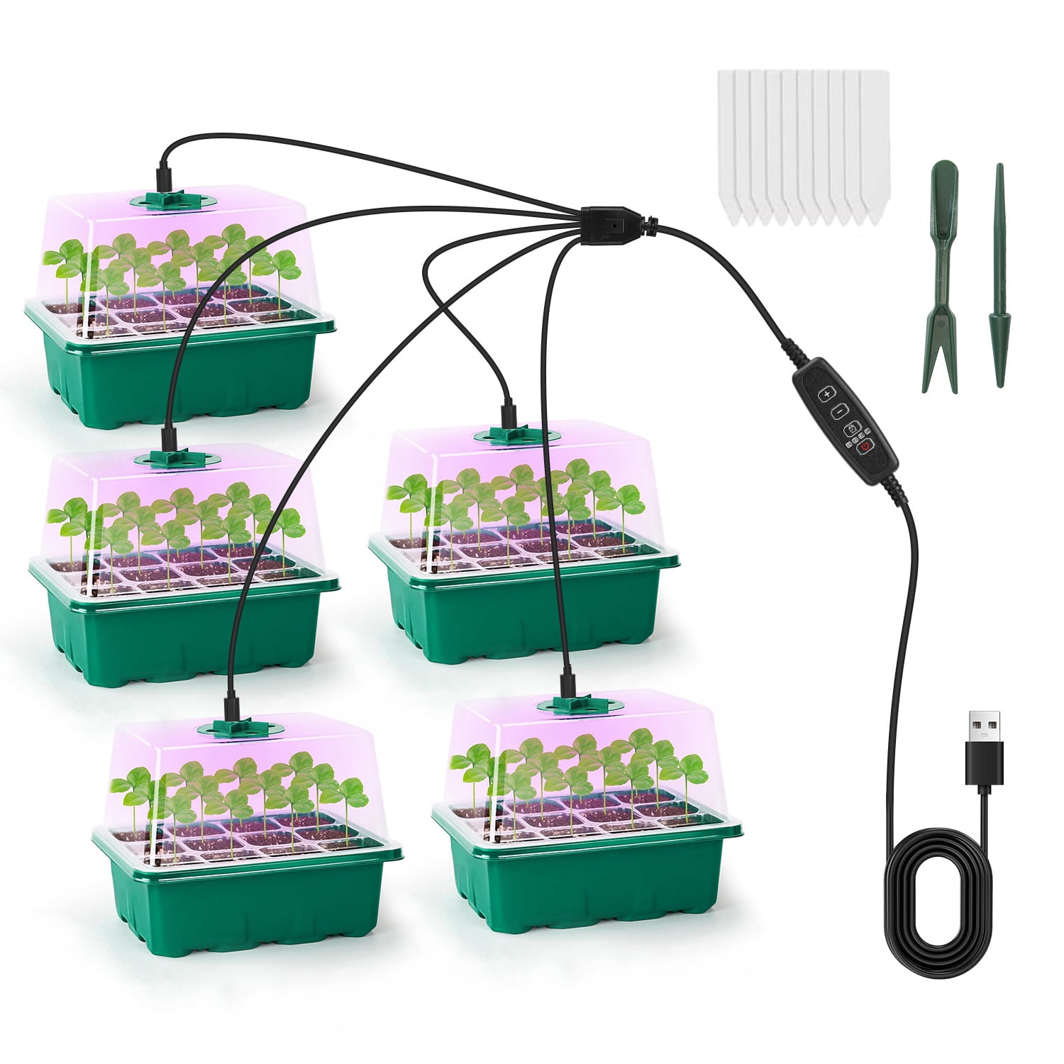 iMounTEK Seed Starter Tray With Grow Light, 5 Pack Humidity Dome Seed Starter Kit with 5-Level Brightness 4 Timers for Indoor Greenhouse