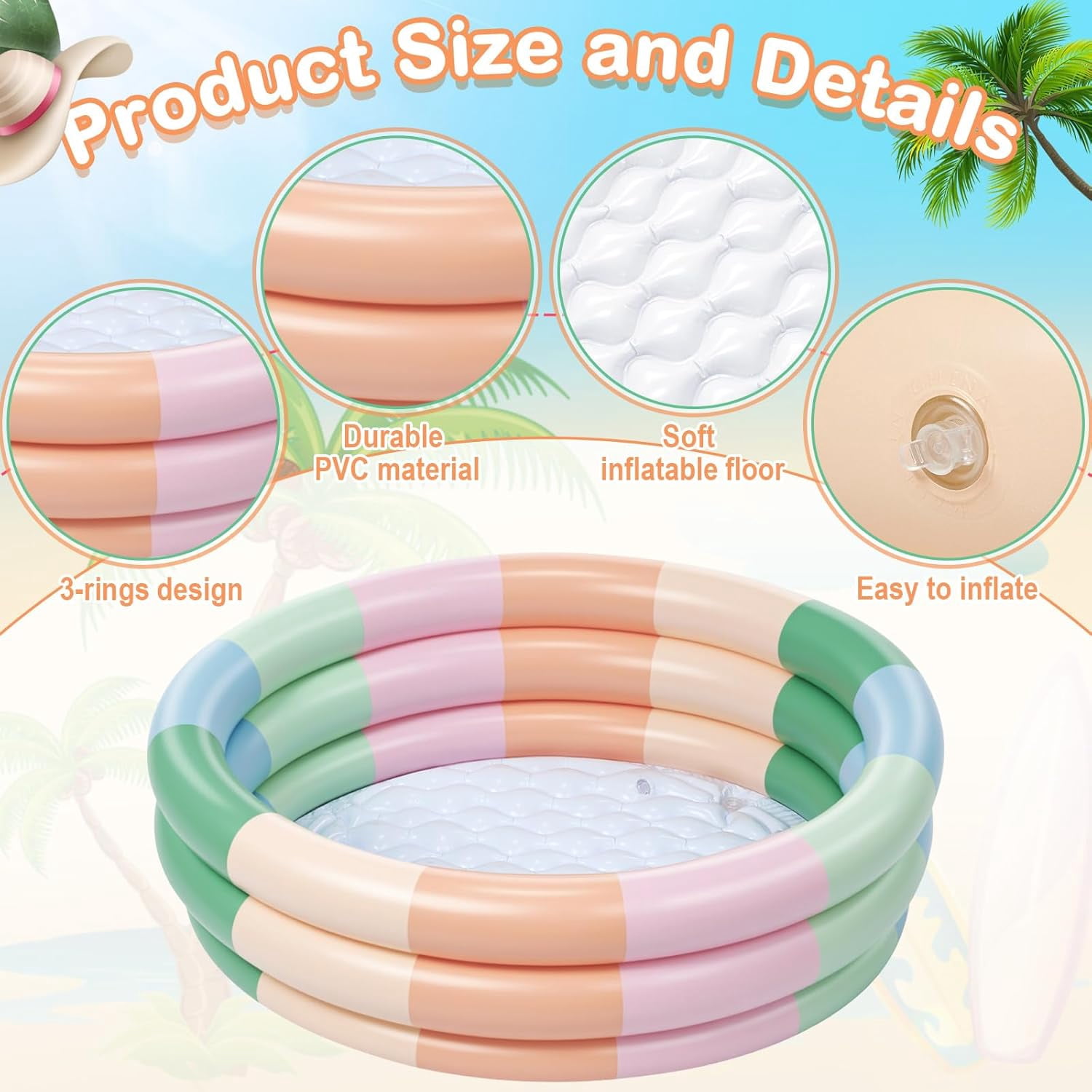 4 Pack Inflatable Kiddie Pool for Toddlers Blue Stripe Blow up Kids Swimming Pool Small 3 Rings Round Baby Pools for Indoor Outdoor Water Game Play Center