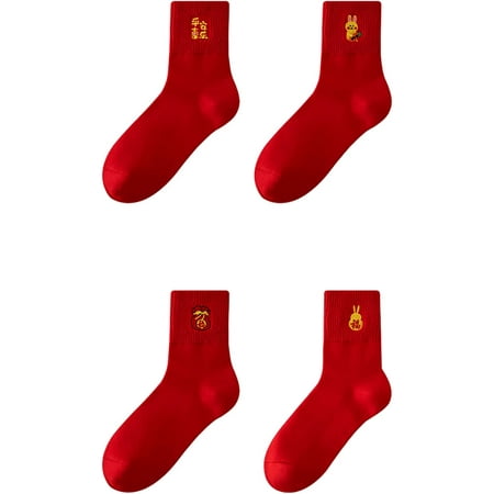 

CoCopeaunt 4Pcs Chinese New Year Red Lucky Fu Socks Spring Festival Rabbit Year Birth Year Animal Mid Stocking Women Men