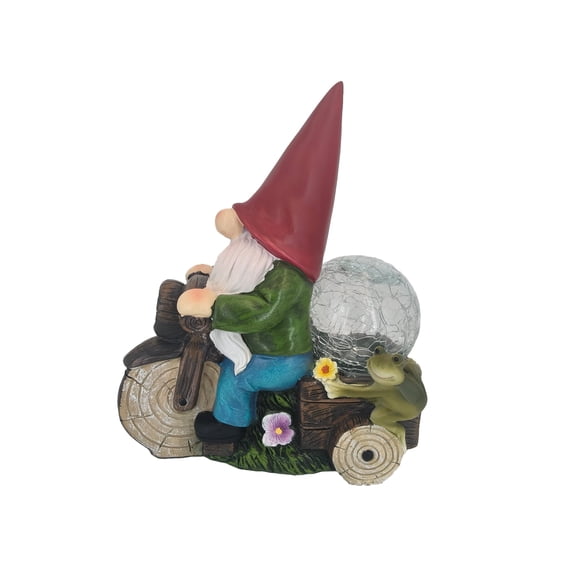 Solar Powered Garden Gnome on Motorcycle with Frog & Crackle Glass Globe - Outdoor Whimsical Lawn Decor, Resin Statue for Patio, Yard, and Pathway Lighting