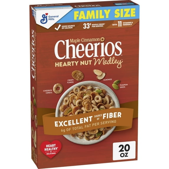 Cheerios Hearty Nut Medley Breakfast Cereal, Maple Cinnamon Flavored, Family Size, 20 oz(pack of 4)