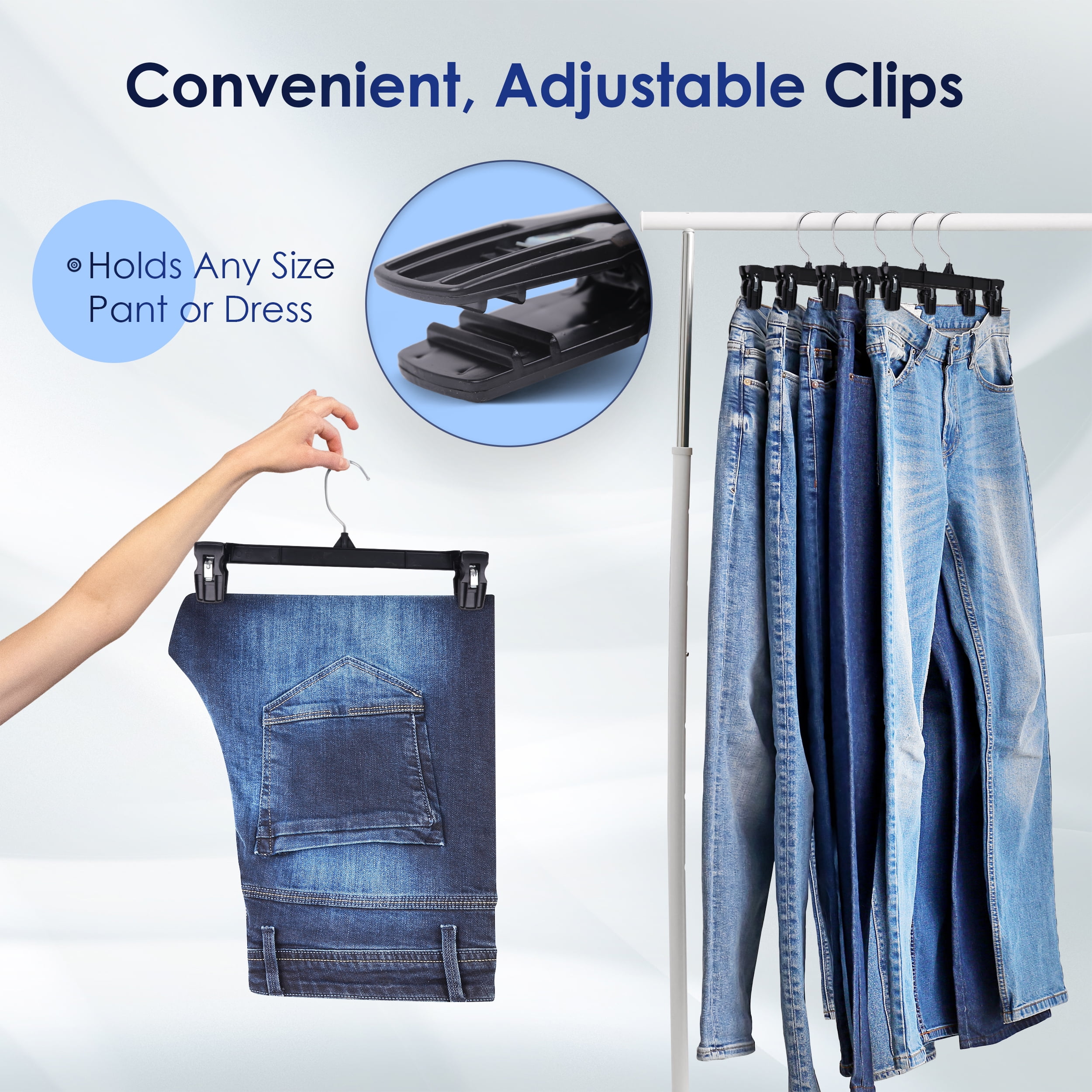 Hanger Central 10 Pack Recycled Black Heavy Duty Plastic Pants & Skirt Bottom Hangers with Plastic Extra Long Pinch Clips and Polished Metal Swivel Hooks, 12 Inch