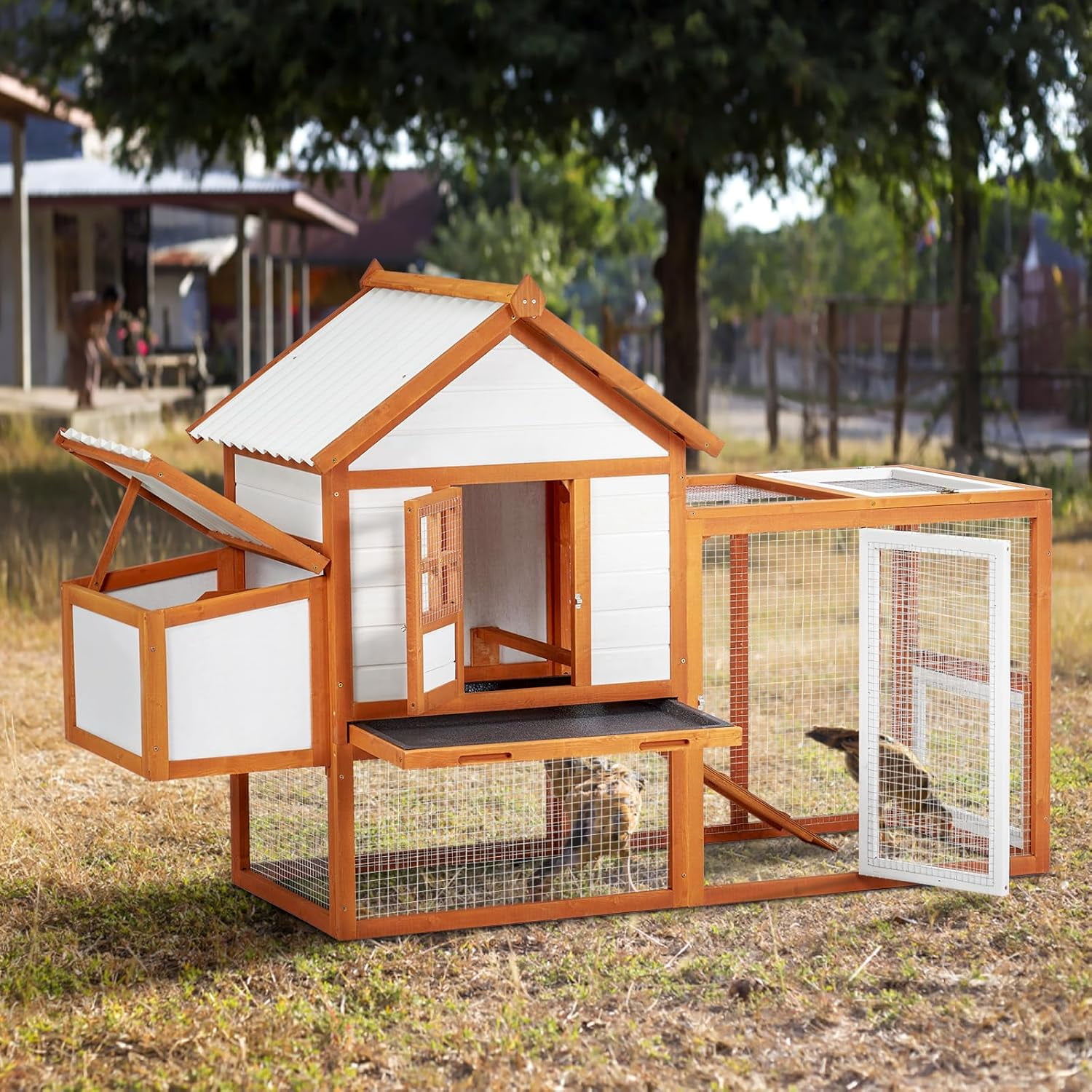 Acekid 2 Tier Wooden Rabbit Hutch with Waterproof Roof & Outdoor Run, Spacious Cage for Rabbits & Small Pets, Orange