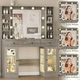 thumbnail image 3 of Makeup Vanity Desk with Mirror and Lights, Grey Vanity with Glass Top, LED Lights & Power Outlet, 3 Drawers & 2 RGB Glass Cabinets, Adjustable Lighted Dressing Table for Women & Girls Bedroom, 3 of 9
