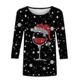 thumbnail image 4 of Hauts pour Femmes Décontractés Imprimé de Noël Flocon de Neige Verre de Vin Rouge Col Rond Manches 3/4 T-Shirt Grande Taille Blouse de Travail,Noir,5TG, 4 of 5