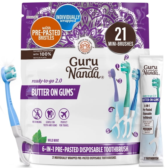 GuruNanda 6-in-1 Ready to Go Butter on Gums Pre-Pasted Toothbrushes 2.0 - 21 Count