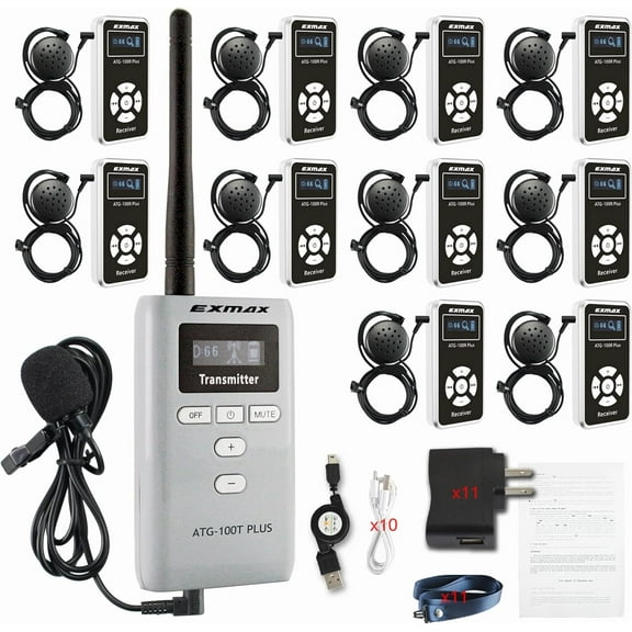 EXMAX® ATG-100T 195MHz Wireless Tour Guide System Microphone for Language Interpretation Church Class Traning Translation Conference Interpretation Travel Trip (1 Transmitter 10 Receivers)