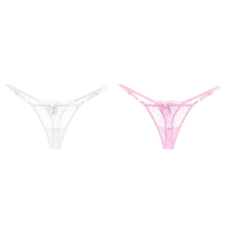 2-Pack Women Sheer Lace Thong Adjustable Waist Bow Mesh Seamless Panties Open Gusset Panties Pretty Womens Panties Waist Trainer for Women Full Body Underwear for Women Panties High Cut Lace