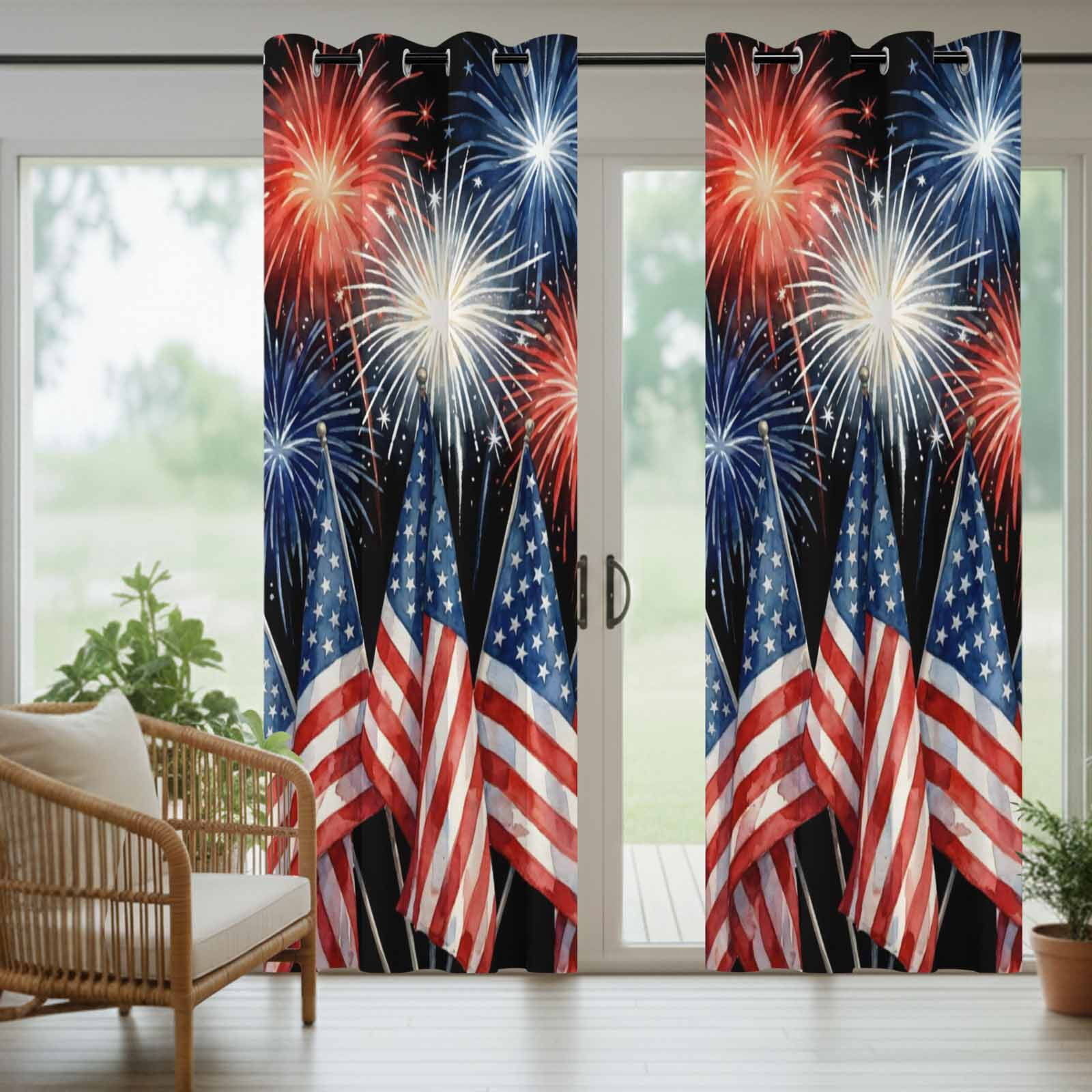 Independence Day Outdoor Curtains for Patio, American Flag Fireworks Starry Sky Abstract Watercolor Sunshade Privacy Drapes Grommet Waterproof Outside Curtains for Porch Balcony 54"x95", 2 Panel