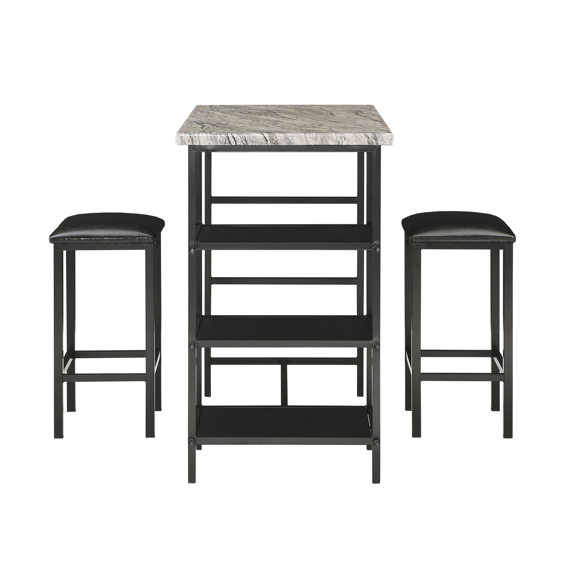Weston Home Harper Counter Height Metal Table with Faux Marble Top and 2 Stools, Black