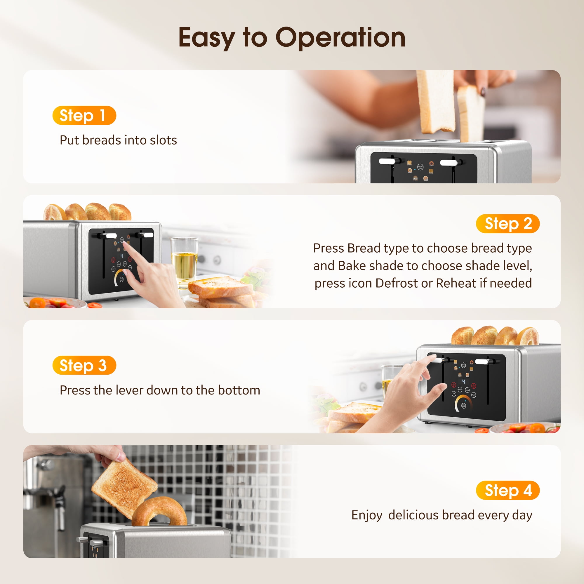 WHALLULTRA Touchscreen Toaster 4 Slice - Stainless Steel Toaster, 6 Shade Settings, Extra Wide Slots Toaster