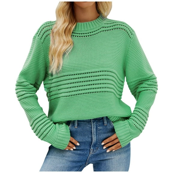 VERUGU Sweaters for Women Fall Winter Loose Warm Fashion Casual Pit Stripe Pullover Solid Long Sleeve Round Neck Knitting Sweater Green M