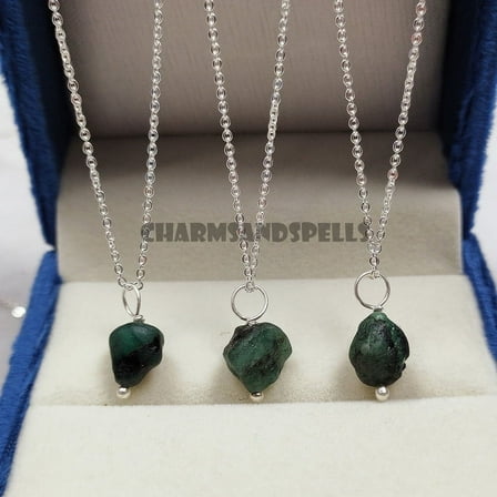 Raw Emerald Necklace, May Birthstone 925 Sterling Silver Necklace, Natural Gemstone Necklace, Green Emerald Necklace, Handmade Jewelry