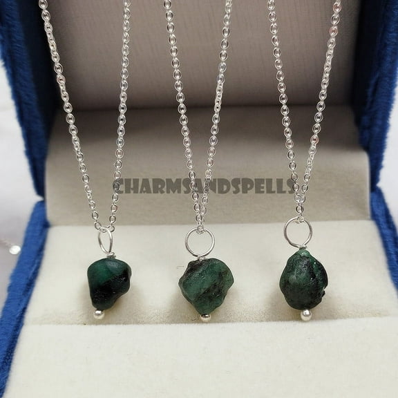 Raw Emerald Necklace, May Birthstone 925 Sterling Silver Necklace, Natural Gemstone Necklace, Green Emerald Necklace, Handmade Jewelry