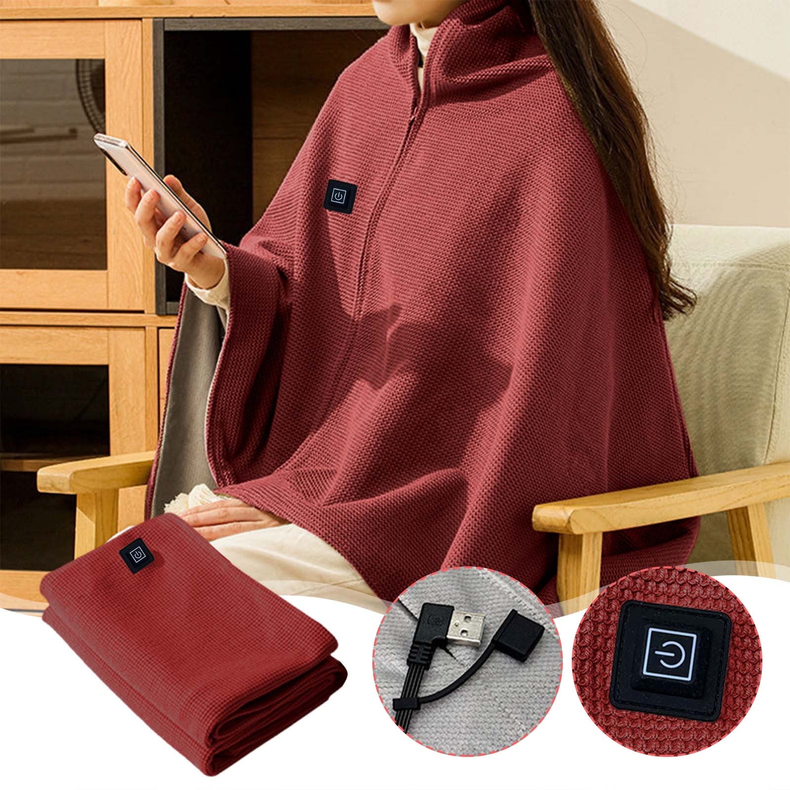 USB Heated Shawl,Portable Throw Electric Blanket, Shawl for Office Sofa Travel, Heated Blanket Wrap Shawl for Women Electric Heated Wrap Poncho Blanket, Winter Warm Shawl Heating Scarf