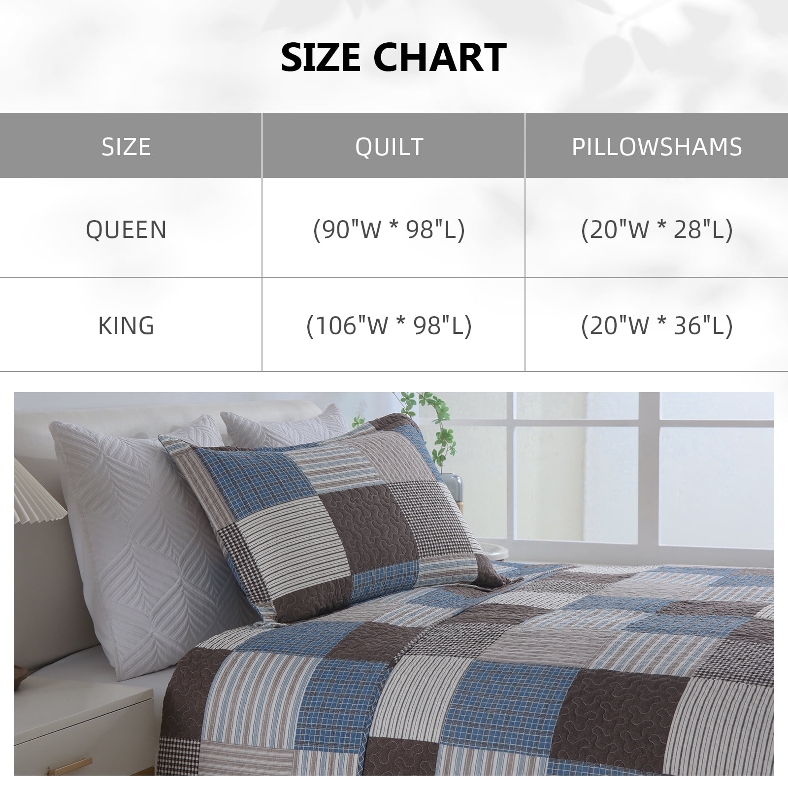 PANGUSHAN 100% Cotton King Quilt Set, Farmhouse Patchwork King Size Quilt Bedding Set Bedspreads, Reversible Quilted Lightweight Comforter, Blue/Brown Bed Spread for King Bed, 3 Pieces