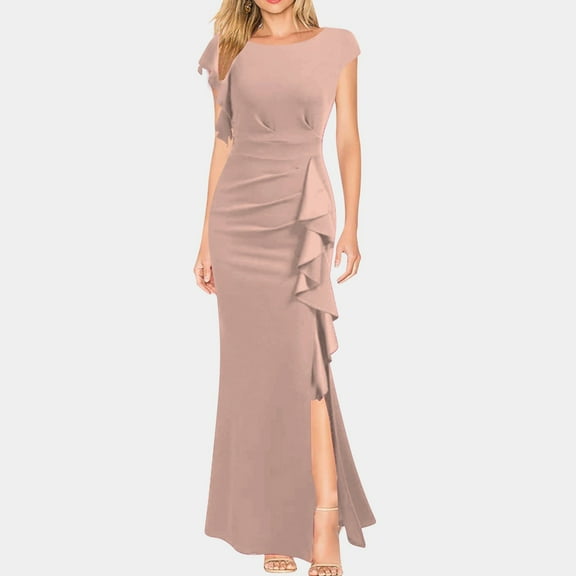 Elegant Women's Formal Dress - Crew Neck Gown with Ruffle Trim and Split Hem for Parties and